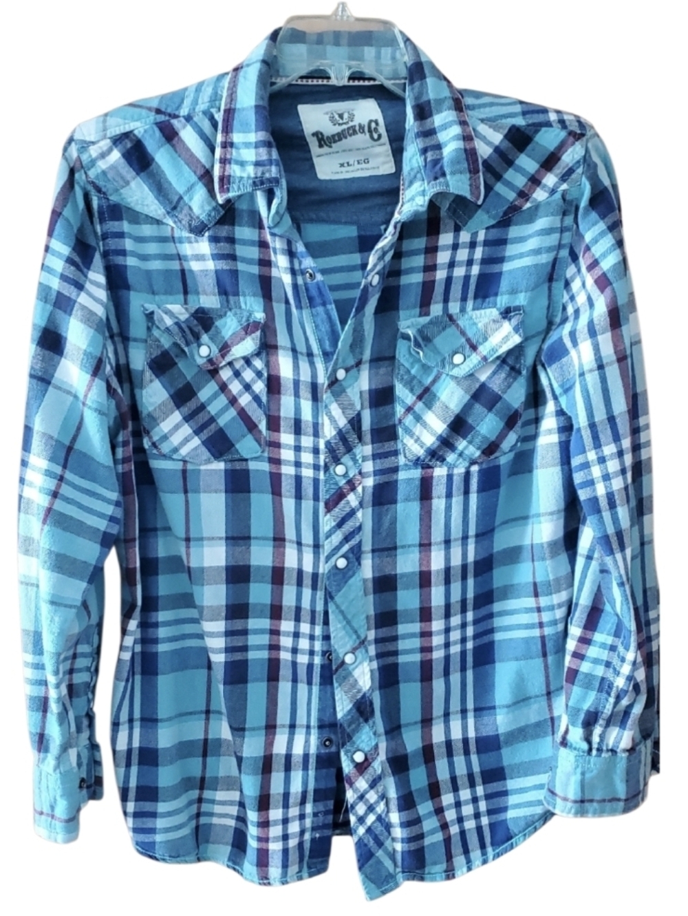 Roebuck & Co Blue Plaid‎ Pearl Snap Western Flannel Shirt Size XL Unisex